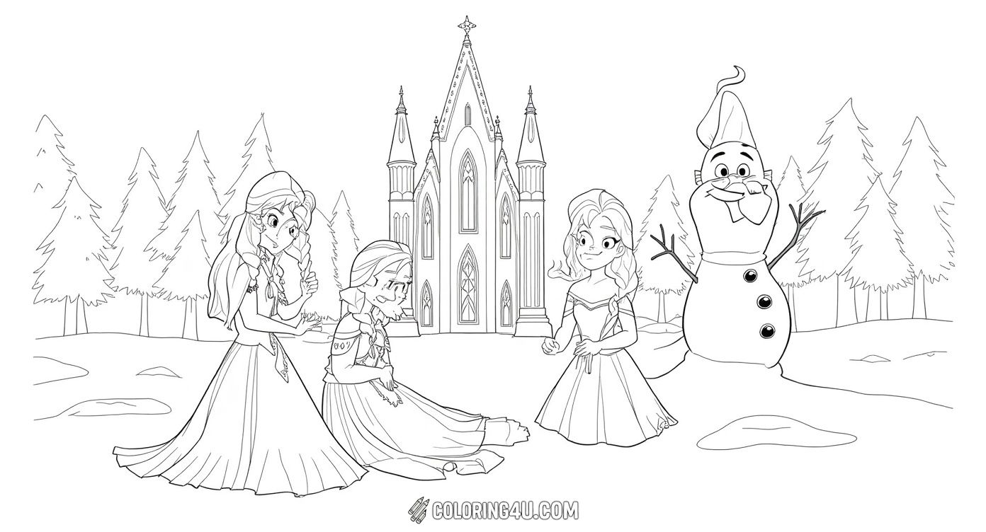 Color this heartwarming scene featuring Anna and Elsa from Disney's Frozen as they build their lovable snowman friend, Olaf! With happy smiles and teamwork, this playful moment invites kids to add vibrant colors to the characters and snowy landscape for a fun-filled creative adventure.