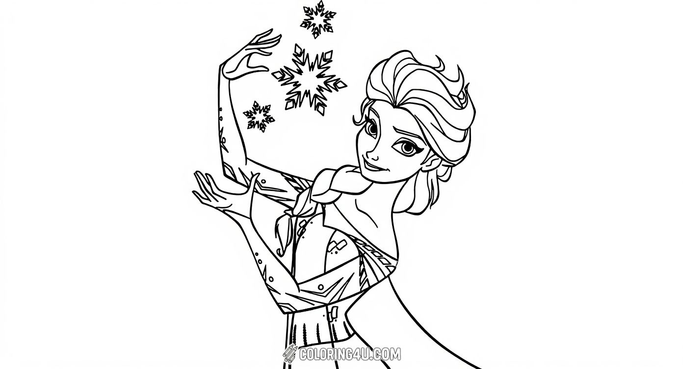 Join Elsa from Disney's Frozen as she magically creates beautiful snowflakes with a graceful wave of her hands! Kids can have fun coloring Elsa's elegant dress and the sparkling snowflakes surrounding her. Let your imagination bring this magical winter scene to life!