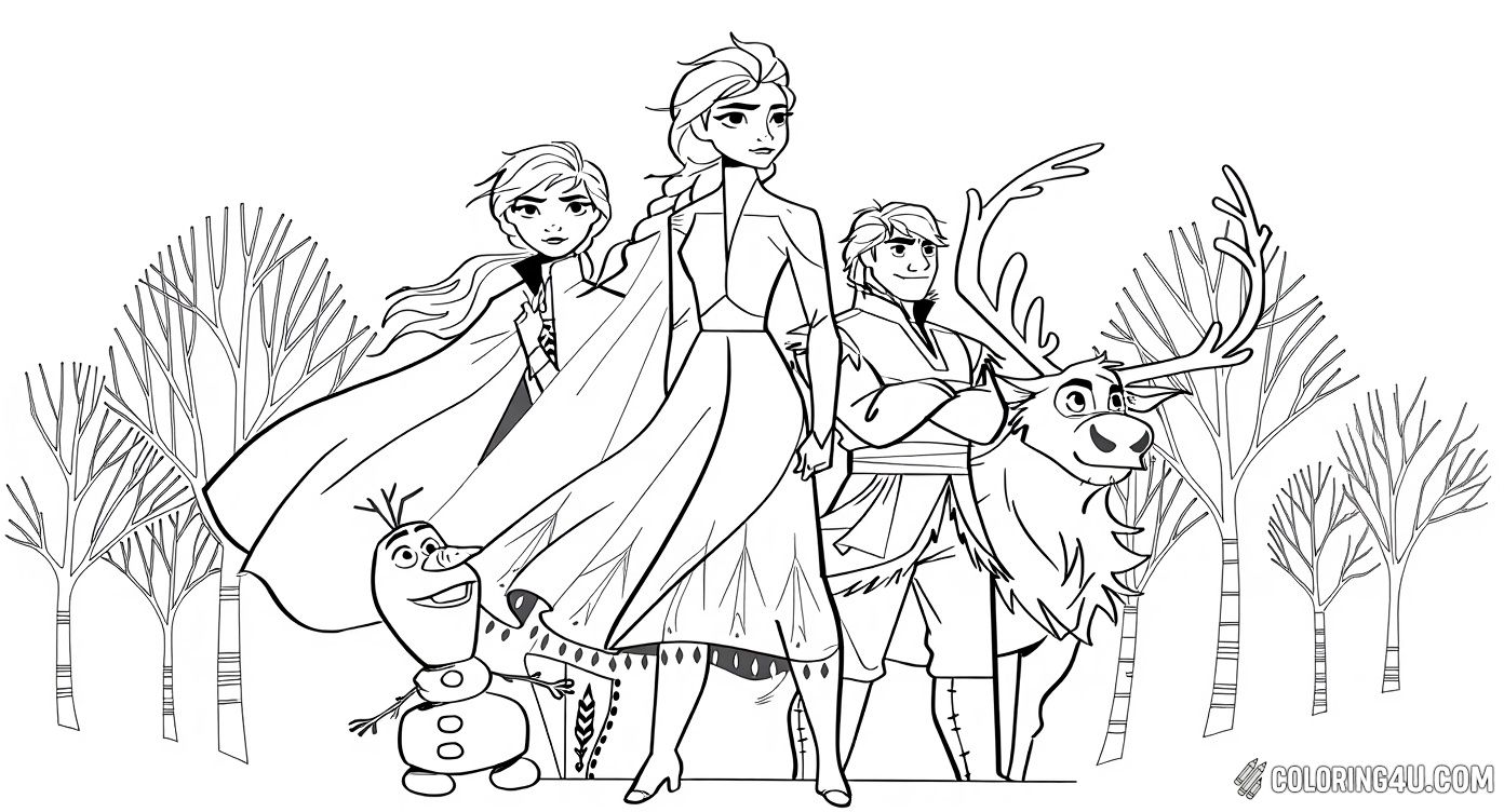 Meet the heroic team from Frozen II including Elsa, Anna, Kristoff, Olaf, and Sven! Color this exciting scene as they stand ready for adventure in a magical forest. Use your imagination to give life to their brave journey.
