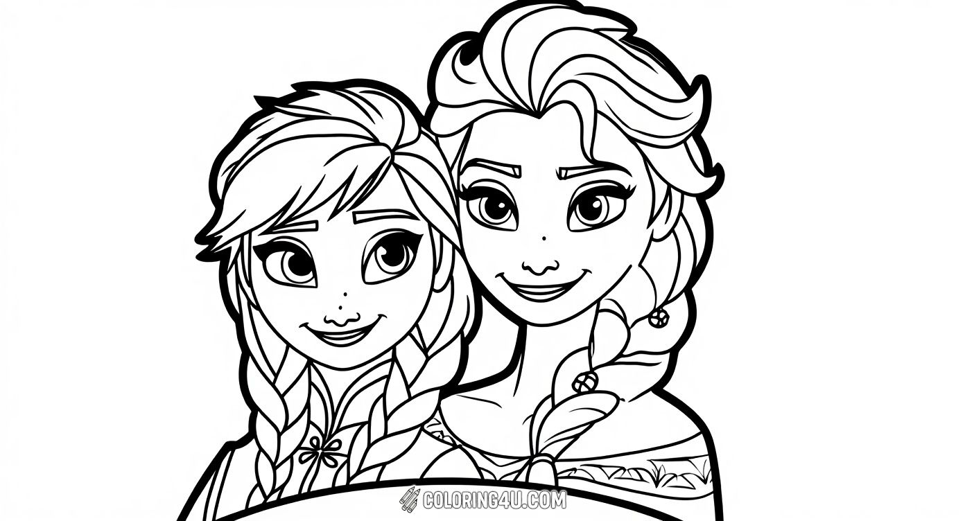 Celebrate the bond of sisterhood with this adorable coloring page showing Anna and Elsa from Frozen smiling together inside a decorative frame. The bold Frozen logo below adds to the charm. Kids will enjoy filling in the playful details and bringing this joyful moment to life with their favorite colors.