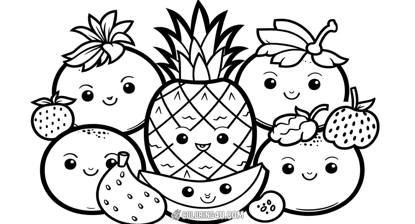 Join this adorable group of smiling fruits, including a pineapple, apple, banana, and more, all ready for you to color! Each fruit has a friendly face that's sure to make coloring fun and bright for kids.