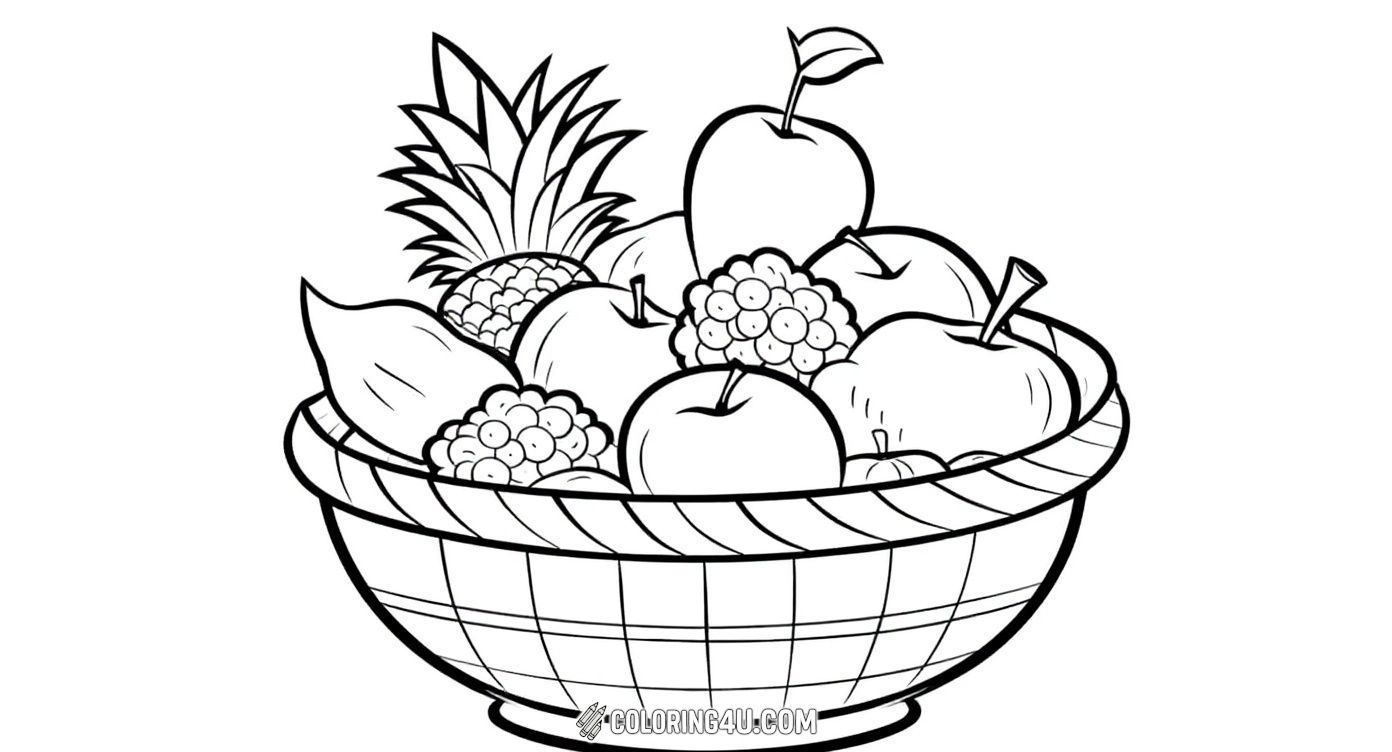 This delightful coloring page features a woven basket filled with a variety of fruits including pineapples, apples, and berries. Kids can have fun adding vibrant colors to each fruit and the basket, bringing a beautiful and healthy fruit basket to life.