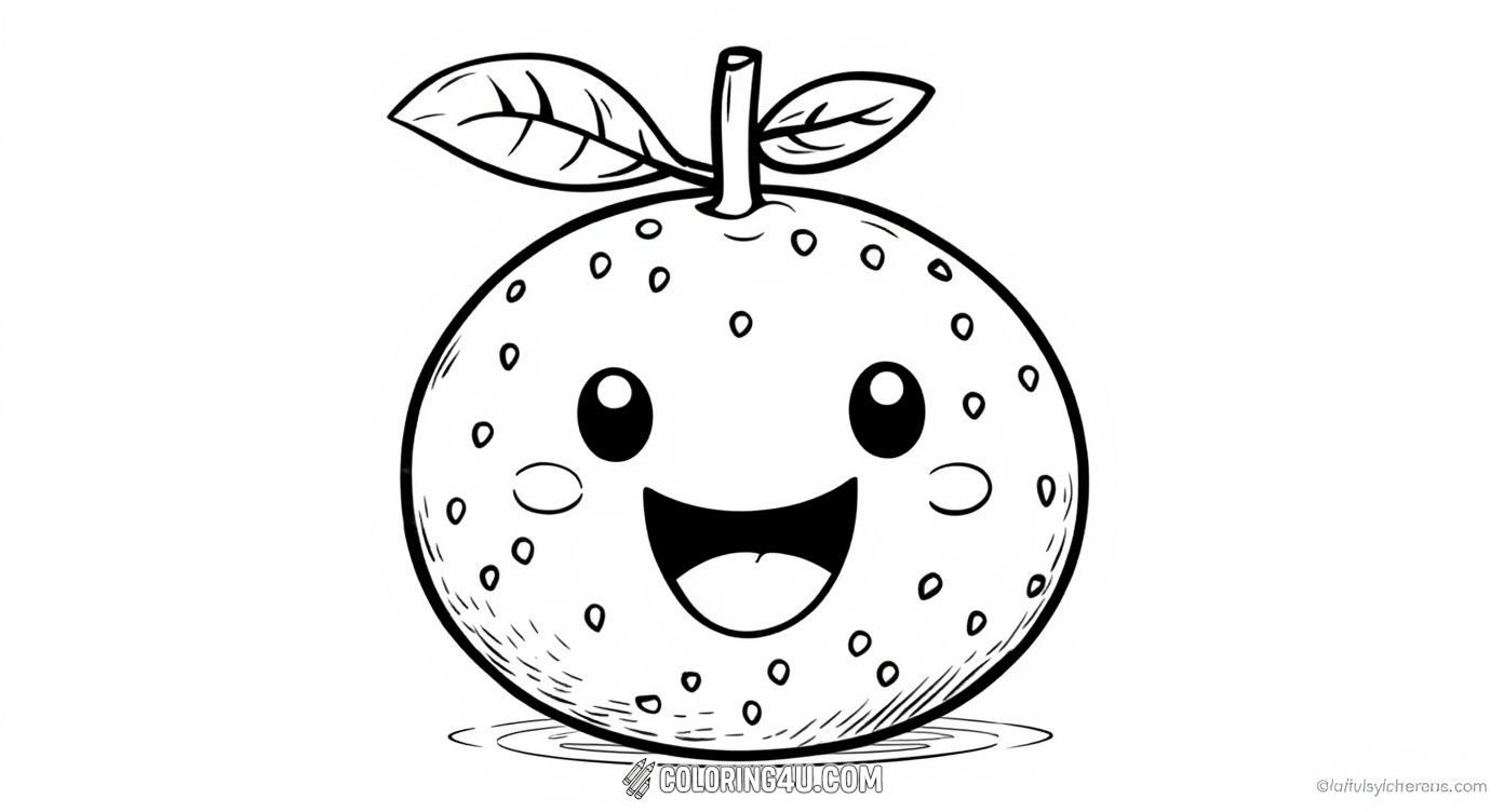 Meet this kawaii-style happy orange with big eyes and a wide smile, waiting for children to bring it to life with colors! It's a simple and charming coloring page perfect for young kids to practice coloring bright and lively shades.