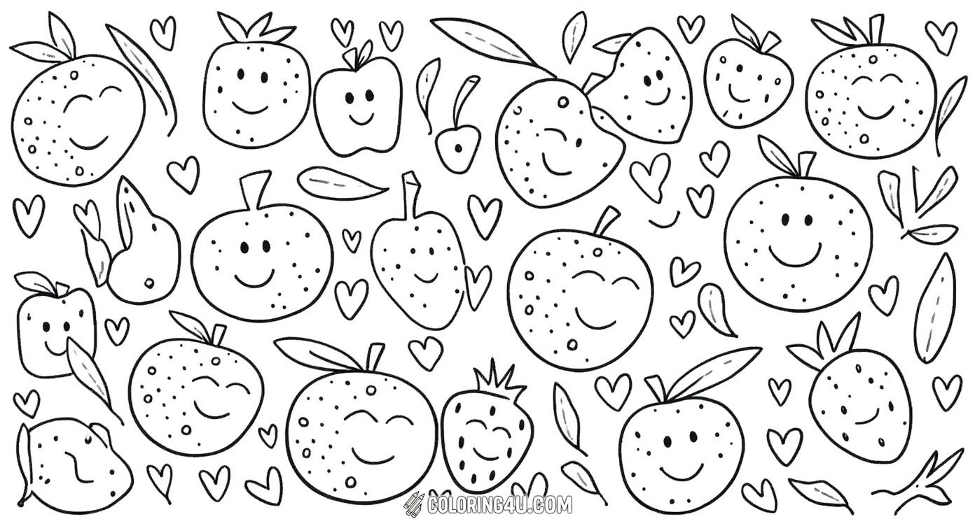 A fun and cheerful coloring page filled with smiling fruits such as watermelon slices, bananas, strawberries, apples, pears, and cherries. Surrounded by little hearts, this whimsical fruit pattern invites kids to enjoy coloring happy and friendly fruits all over the page.