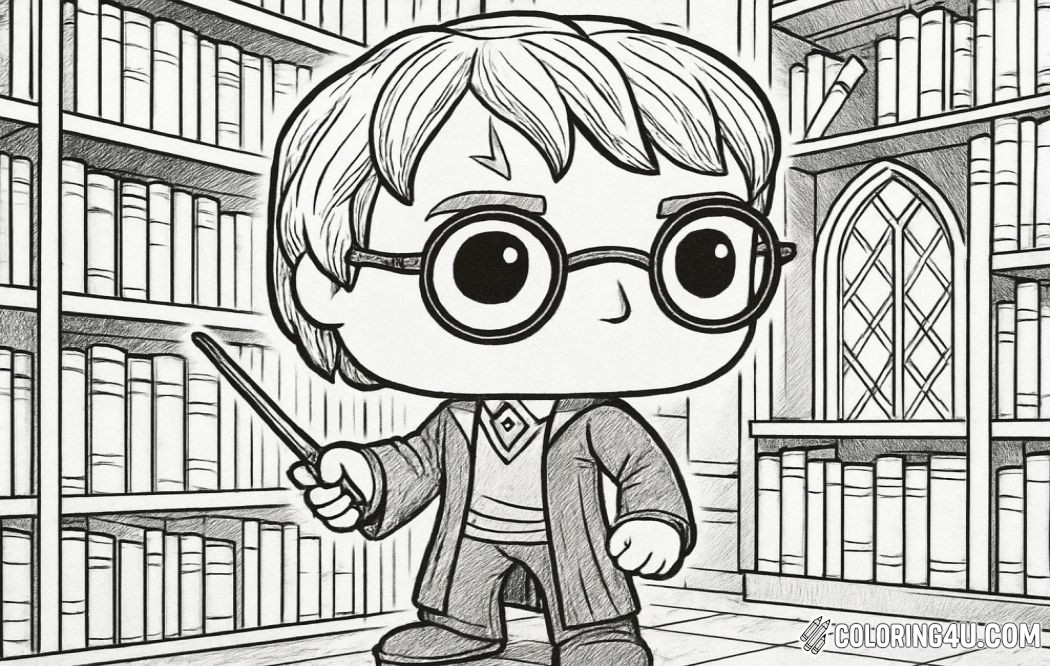 Join Harry Potter in a magical library filled with towering bookshelves! This adorable Funko Pop-style illustration captures Harry with his signature glasses and wand, ready for an adventure. Perfect for young fans, this coloring page invites creativity as kids bring vibrant colors to the enchanting world of Hogwarts.
