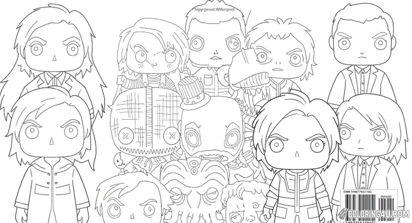 Meet a spooky crowd of Funko Pop horror movie characters, featuring iconic figures like Chucky, a creepy doll, and other chilling creatures! This fun and eerie scene is perfect for kids who love a little Halloween thrill while coloring.