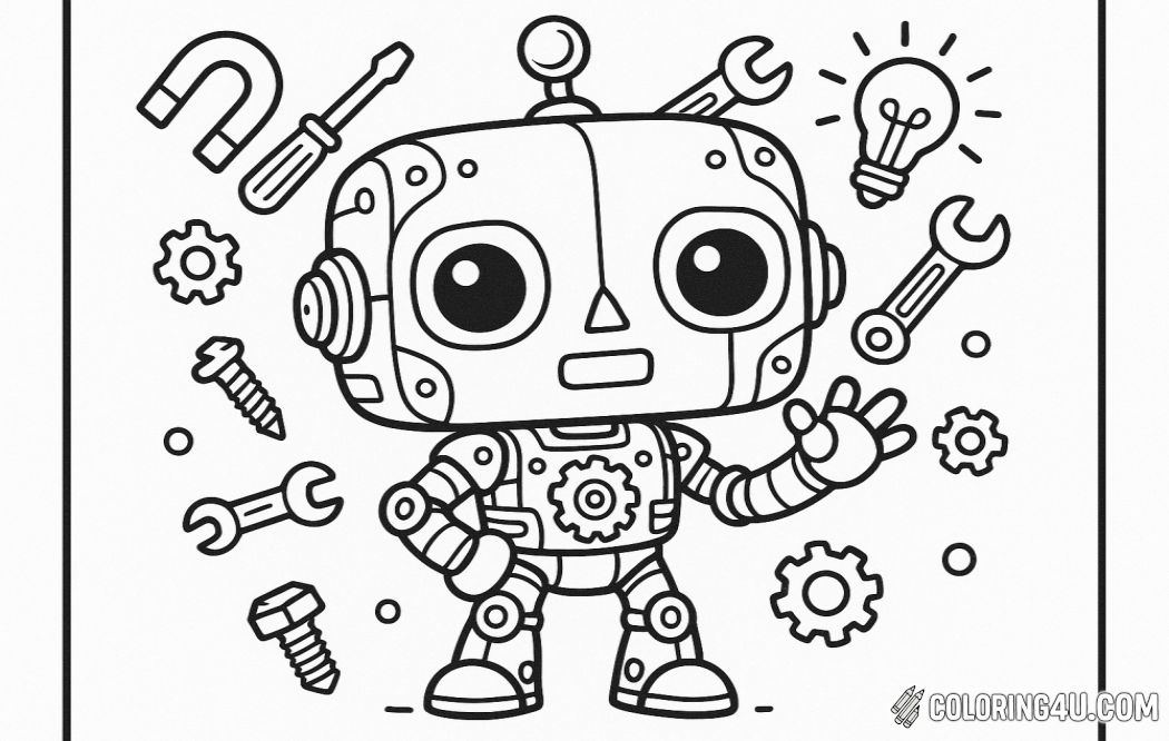 A coloring page featuring a quirky Funko Pop style robot character. The robot has a large head with expressive eyes, a small body, and detailed mechanical features such as gears and antennae. It stands in a playful pose, surrounded by various fun gadgets and tools. The design allows for creative coloring with distinct sections for different colors and textures, perfect for fans of both robots and Funko Pop collectibles.