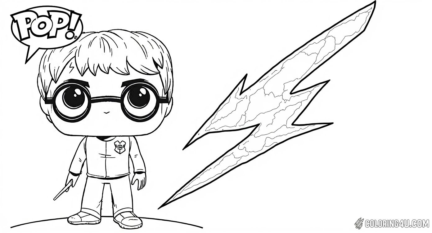 Color Harry Potter as a Funko Pop figure standing heroically with his wand! The background is filled with magical lightning bolt patterns, inviting young wizards and witches to dive into the magic and adventure of the Harry Potter universe.
