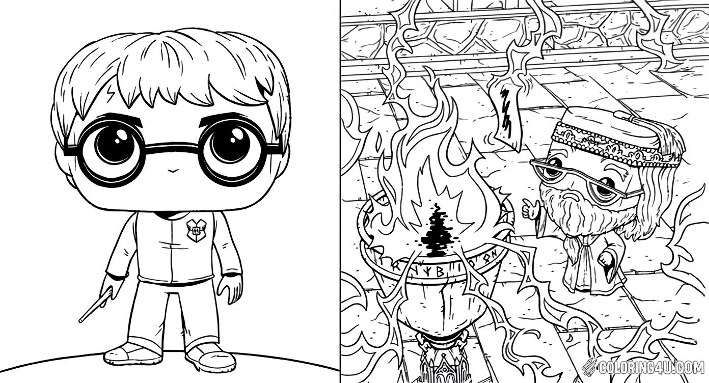Discover the magic of Harry Potter as a Funko Pop figure standing confidently with his wand, surrounded by magical fire and mystical symbols. Kids can add their creativity to this magical world featuring Harry and a wise wizard in an enchanting spell-casting scene!