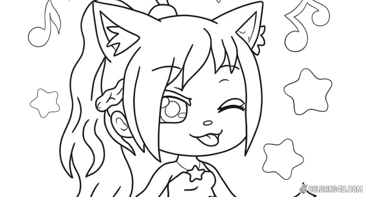 This lovely coloring page features a cheerful Gacha Life character with cat ears and a playful expression, winking and sticking out her tongue. She wears a cute dress adorned with stars and stylish boots, surrounded by fun music notes, sparkles, and hearts that add extra charm to this fantastic drawing.