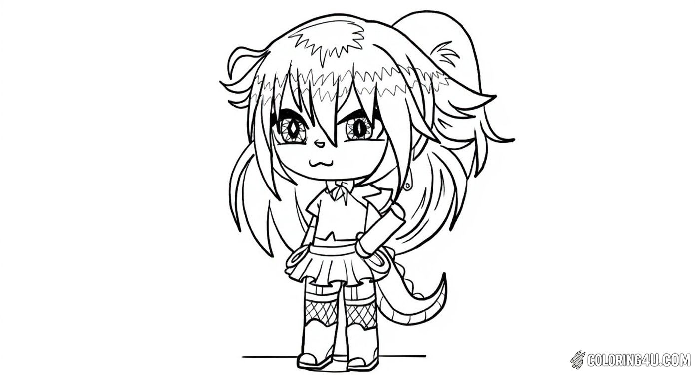 This Gacha Life coloring page shows a cool cat girl with a confident pose, sporting long hair tied back and striking fishnet stockings paired with a skirt and trendy boots. Her expression is full of attitude, and her cat tail peeks from behind, ready to inspire creative coloring adventures for young fans.
