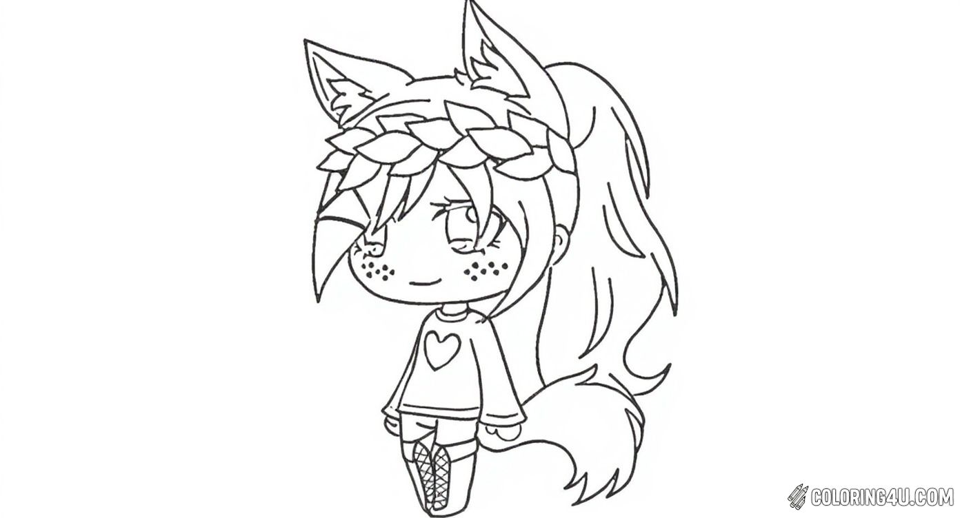 Here is a sweet fox girl from Gacha Life, wearing a cozy heart-themed shirt and pants with boots, her fox ears and tail adding to her adorable look. She has a gentle smile and a leaf crown on her head, making this coloring page a delightful choice for kids who love magical and nature-inspired characters.