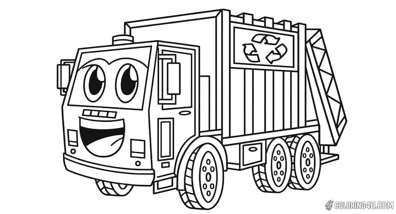 This fun and friendly coloring page features a cartoon-style garbage truck with big, expressive eyes and a wide smile. Perfect for young kids, it brings personality to the garbage truck, encouraging creativity and making recycling fun through coloring.