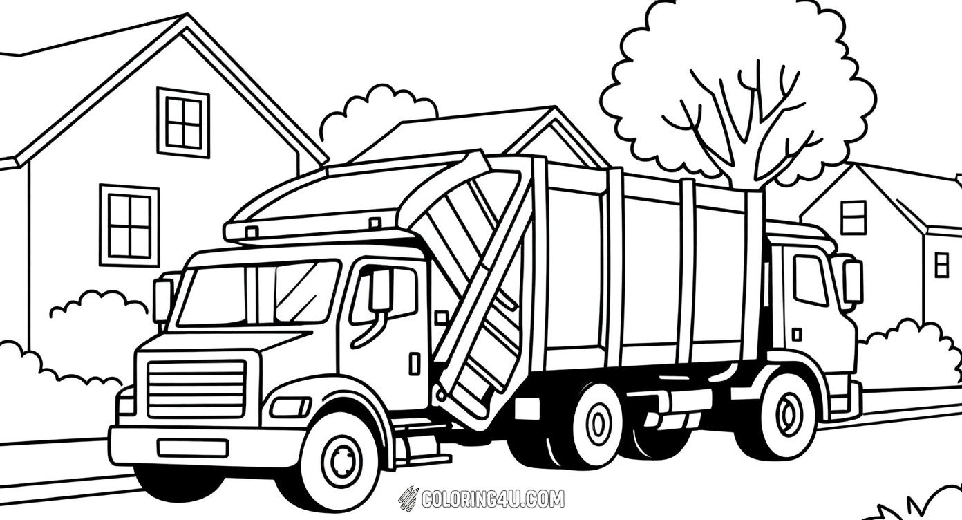 This fun coloring page shows a garbage collector pushing a trash bin towards a large garbage truck parked on a neighborhood street. Kids can enjoy coloring the detailed scene featuring houses, a big leafy tree, and the hardworking worker collecting trash.