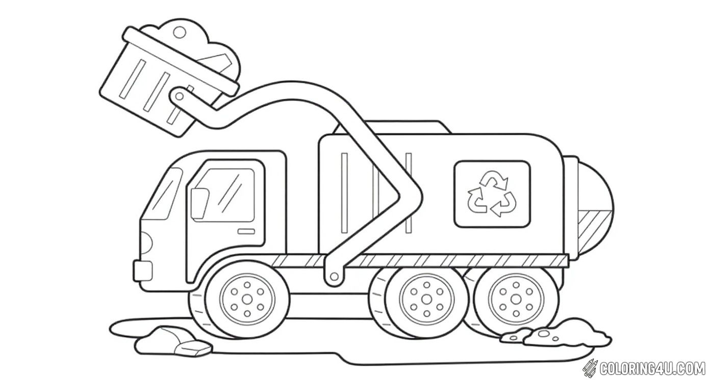 This coloring page shows a garbage truck with a mechanical arm lifting a recycling basket. Kids can have fun coloring the detailed truck and imagining how the recycling process works, making it a great way to learn about waste management and recycling.