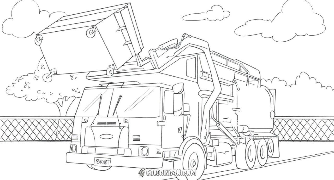 In this exciting coloring page, a garbage truck is shown lifting a large trash container with its mechanical arm. Set against a backdrop of trees and clouds, kids will love adding colors to this detailed depiction of the trash collection process.