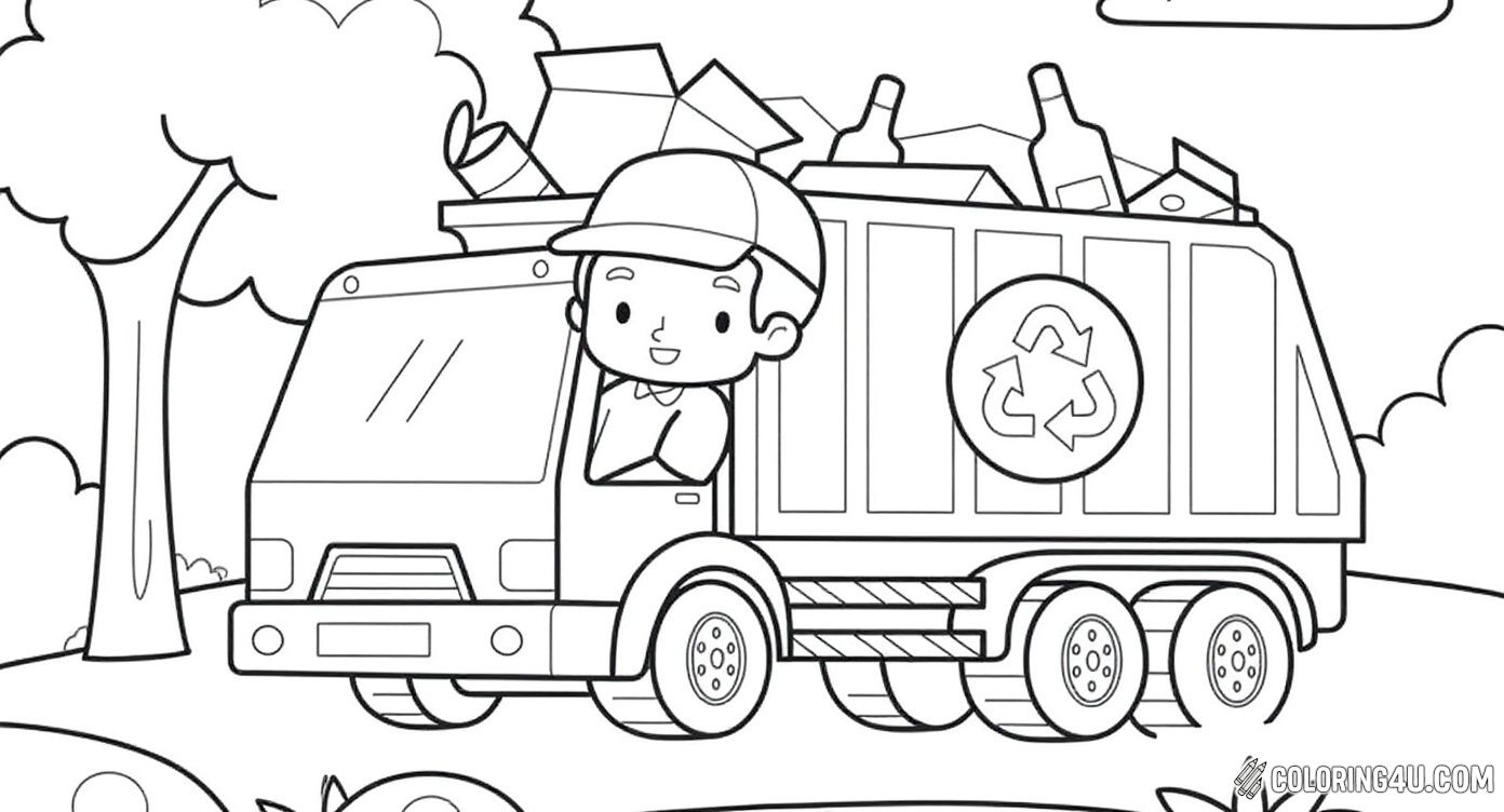 Here is a cheerful scene featuring a garbage truck filled with recyclable waste and a smiling driver. The sun is shining bright, and there's a recycling bin nearby. Children can enjoy adding vibrant colors while learning about the importance of recycling and keeping our environment clean.
