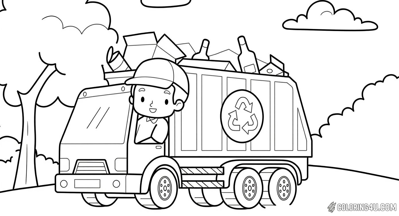 Happy Driver Garbage Truck With Recycling Bins