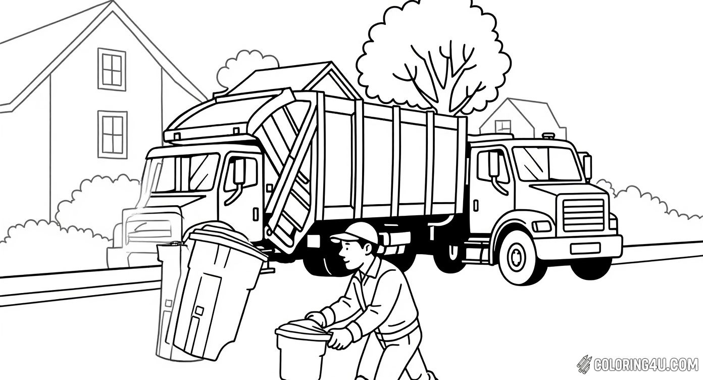 Worker Pushing Trash Bin Towards Garbage Truck