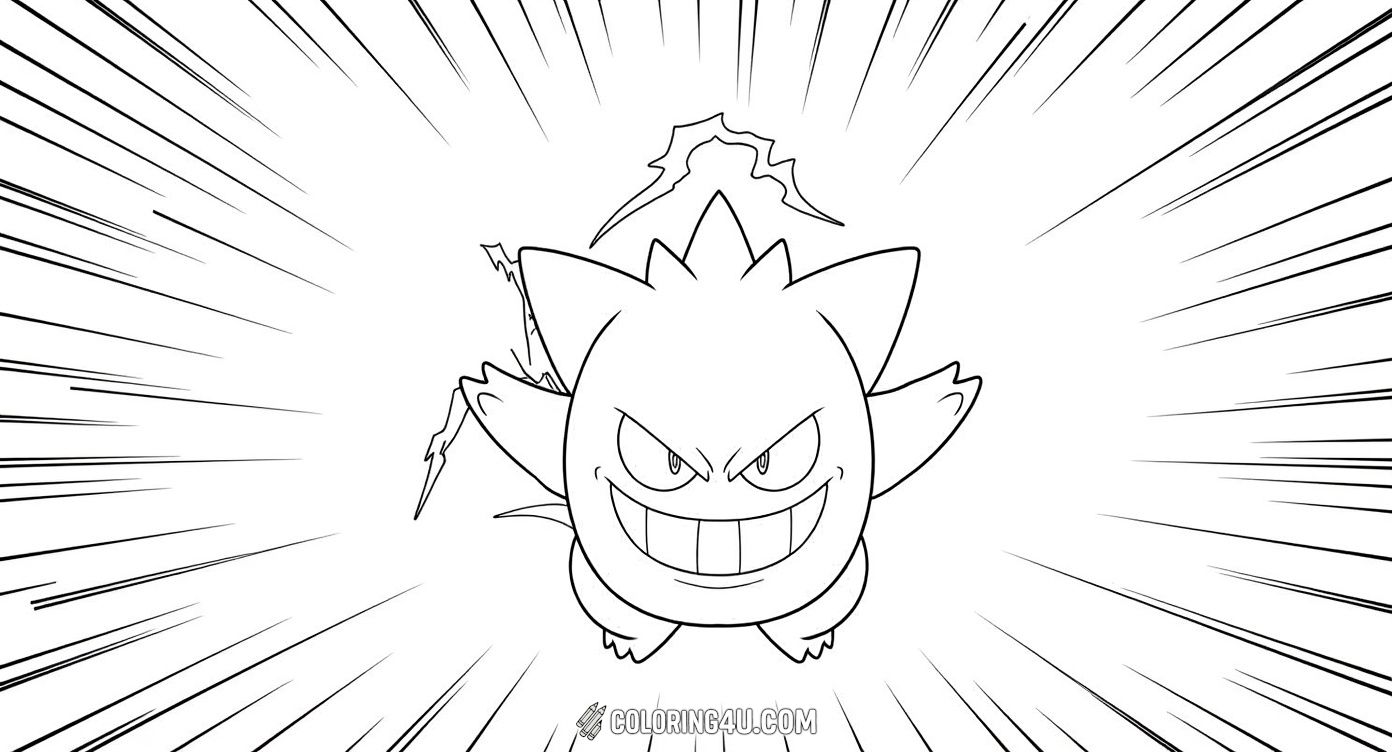 This exciting coloring page features Gengar, the mischievous ghost Pokémon, floating with electric energy crackling all around it. Kids can have fun bringing this dynamic and spooky scene to life with vibrant colors and their imagination!
