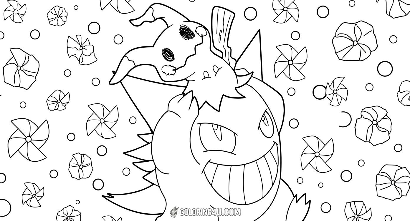 This charming coloring page shows Gengar happily holding Mimikyu against a playful background filled with candies and swirling patterns. Kids will love coloring these adorable Pokémon friends and the fun, whimsical setting around them.