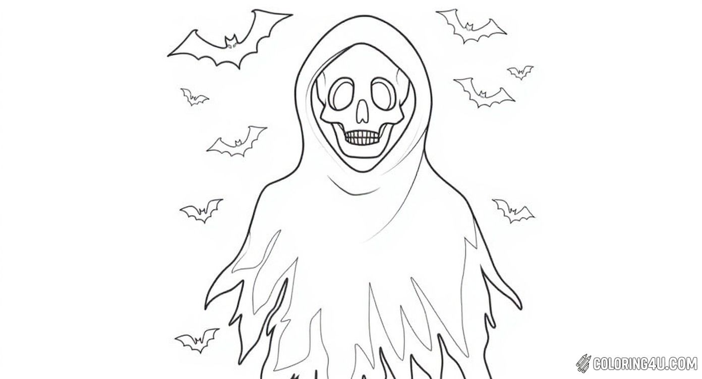 Dive into a spookier scene with this detailed ghostly figure wearing a tattered cloak, revealing a smiling skeleton face beneath its hood. Surrounding the ghost are flying bats, making it an exciting and eerie coloring page that invites kids to bring Halloween night to life with colors.