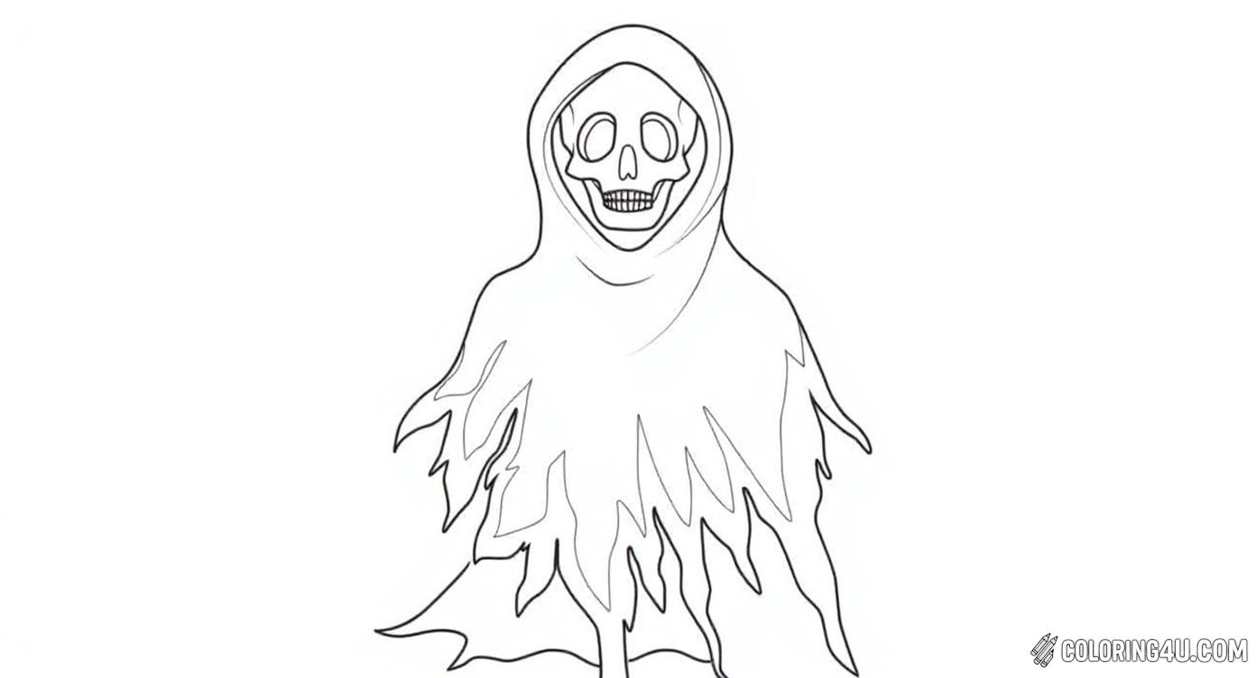 Get ready for a spooky coloring challenge with this detailed page showing a skeleton face peeking out from a tattered, hooded ghost robe, surrounded by flying bats. Kids will love adding eerie colors to this haunting scene perfect for Halloween fun.
