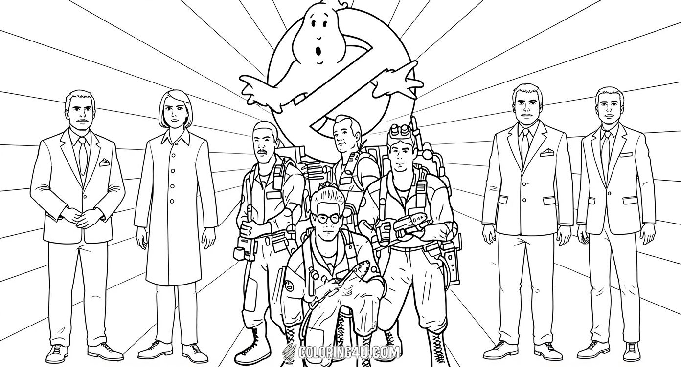 Color this iconic scene featuring the four main Ghostbusters in their ghost-fighting gear, standing strong together with the famous Ghostbusters no-ghost logo shining brightly behind them. It's an action-packed image perfect for kids who love adventure and teamwork!