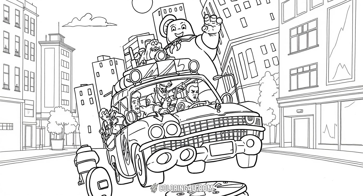 Get ready for an exciting adventure with the Ghostbusters team as they cruise through the city in their famous Ecto-1 car! This coloring page features the brave Ghostbusters with their unique gadgets, ready to catch some spooky ghosts. Kids will love adding vibrant colors to this dynamic scene filled with action and fun.