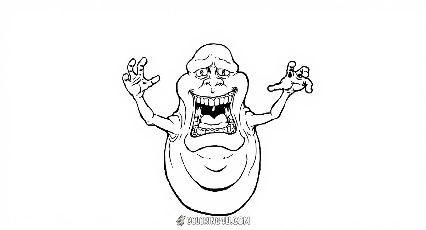 Color this spooky and funny ghost named Slimer from Ghostbusters, showing a frightened and goofy expression! This character is famous for causing comic chaos, and kids will have a blast bringing this lively ghost to life with bright and spooky colors.