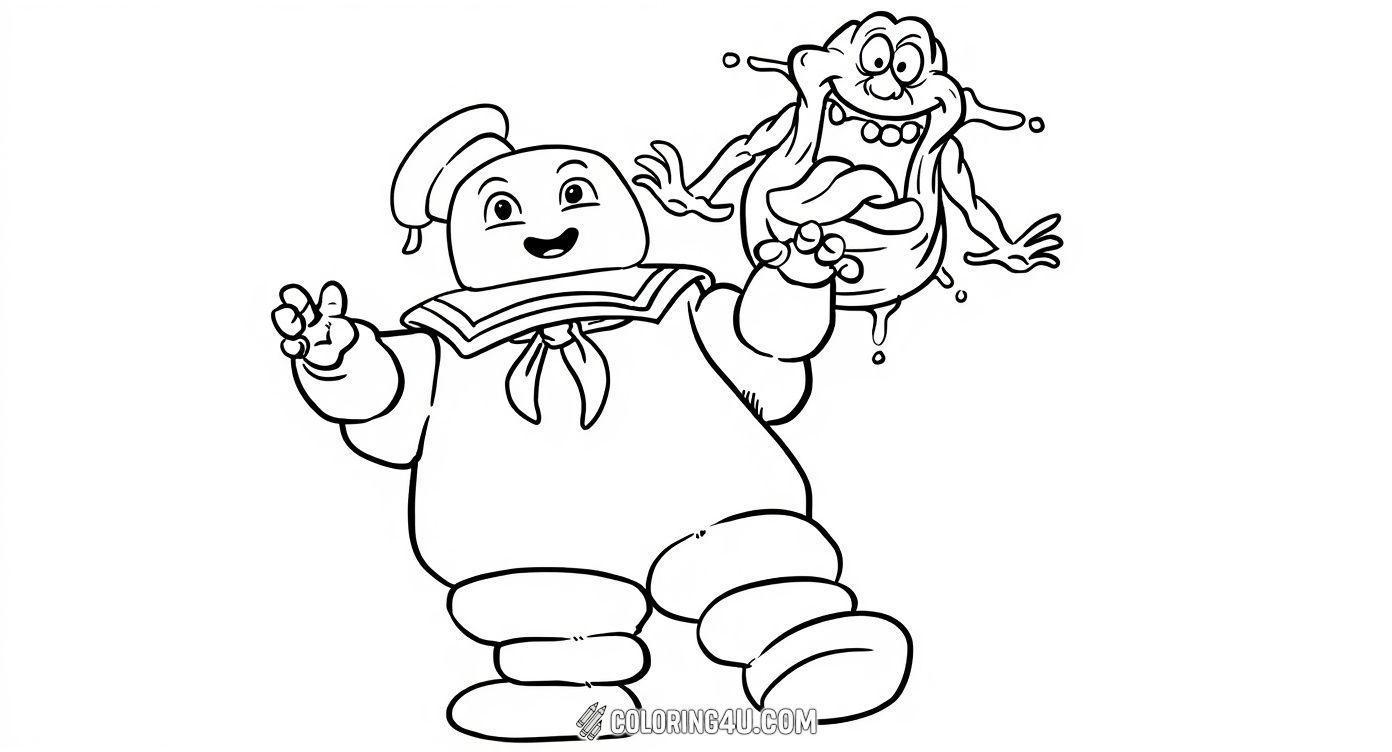Join the friendly Stay Puft Marshmallow Man and the mischievous ghost Slimer in this fun Ghostbusters coloring page! Both characters are smiling and ready to bring joy and laughter to your coloring time. Kids will enjoy making these playful ghostly pals come alive with their favorite colors.