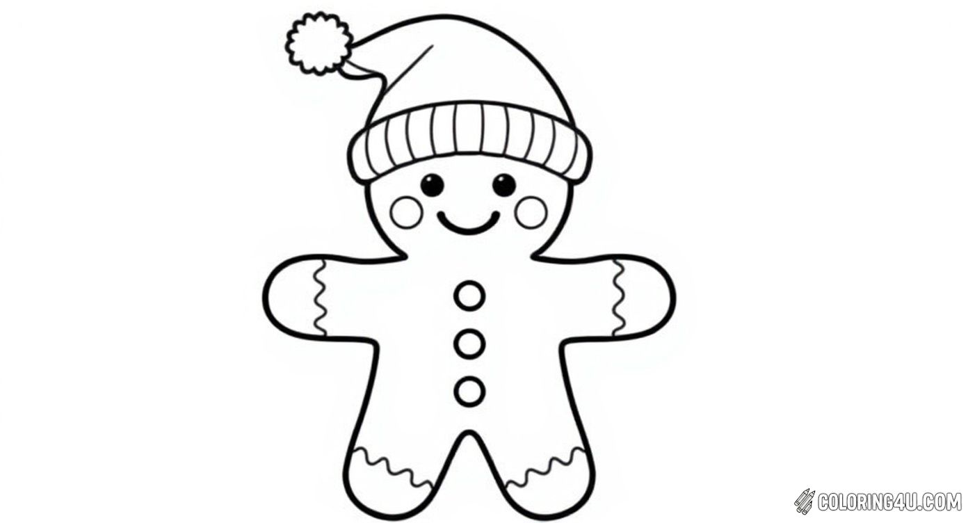 Bring this joyful gingerbread man to life with your colors! Wearing a cozy winter hat and smiling happily, he's surrounded by delicate snowflakes just waiting for you to add bright, festive colors.