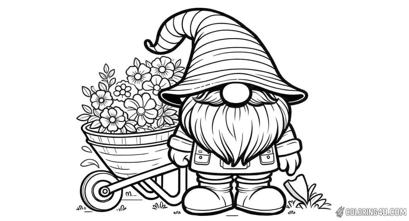 Here is a cheerful gnome ready for gardening fun! Wearing a striped hat and big boots, this gnome is happily standing in front of a wooden fence with a wheelbarrow full of blooming flowers. Kids can enjoy coloring the gnome's friendly face, the blooming flowers, and the charming garden tools in this lively and happy garden scene.
