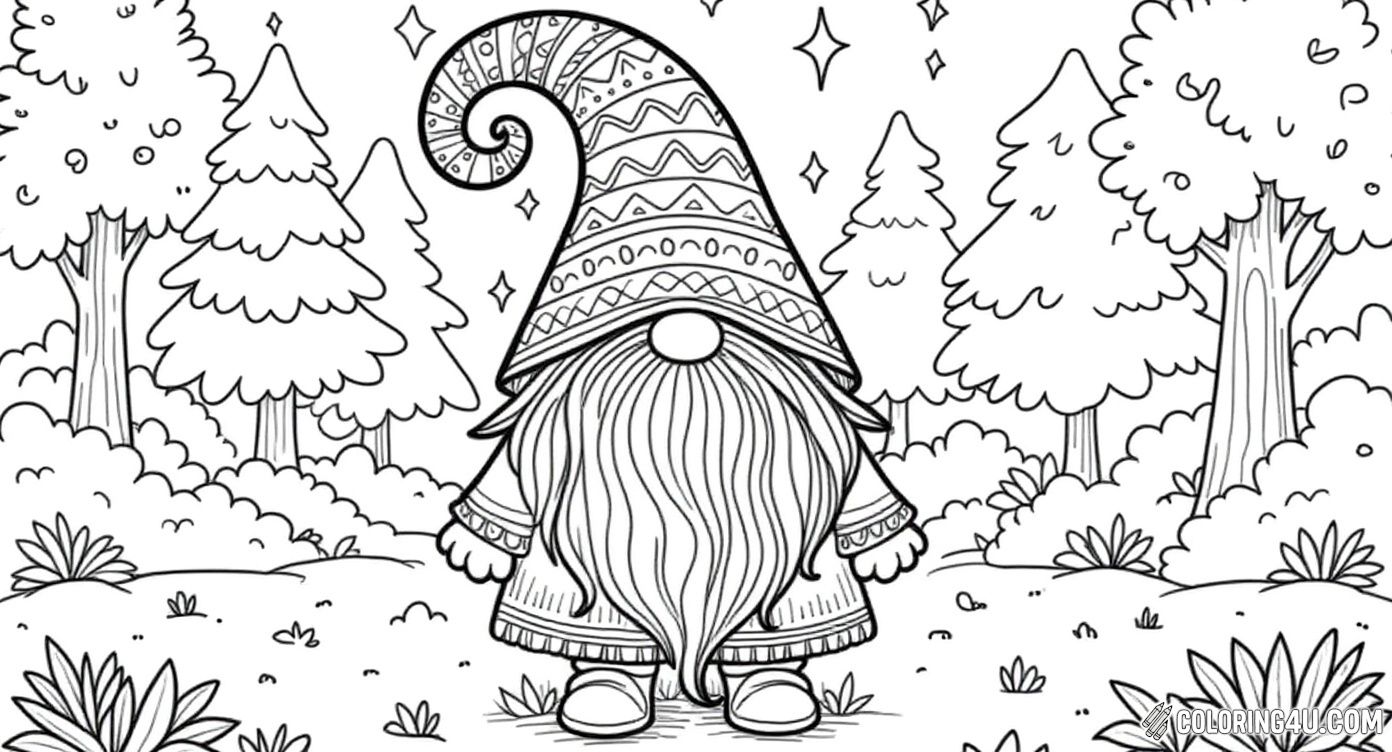 Cute Gnome With Patterned Hat In Forest