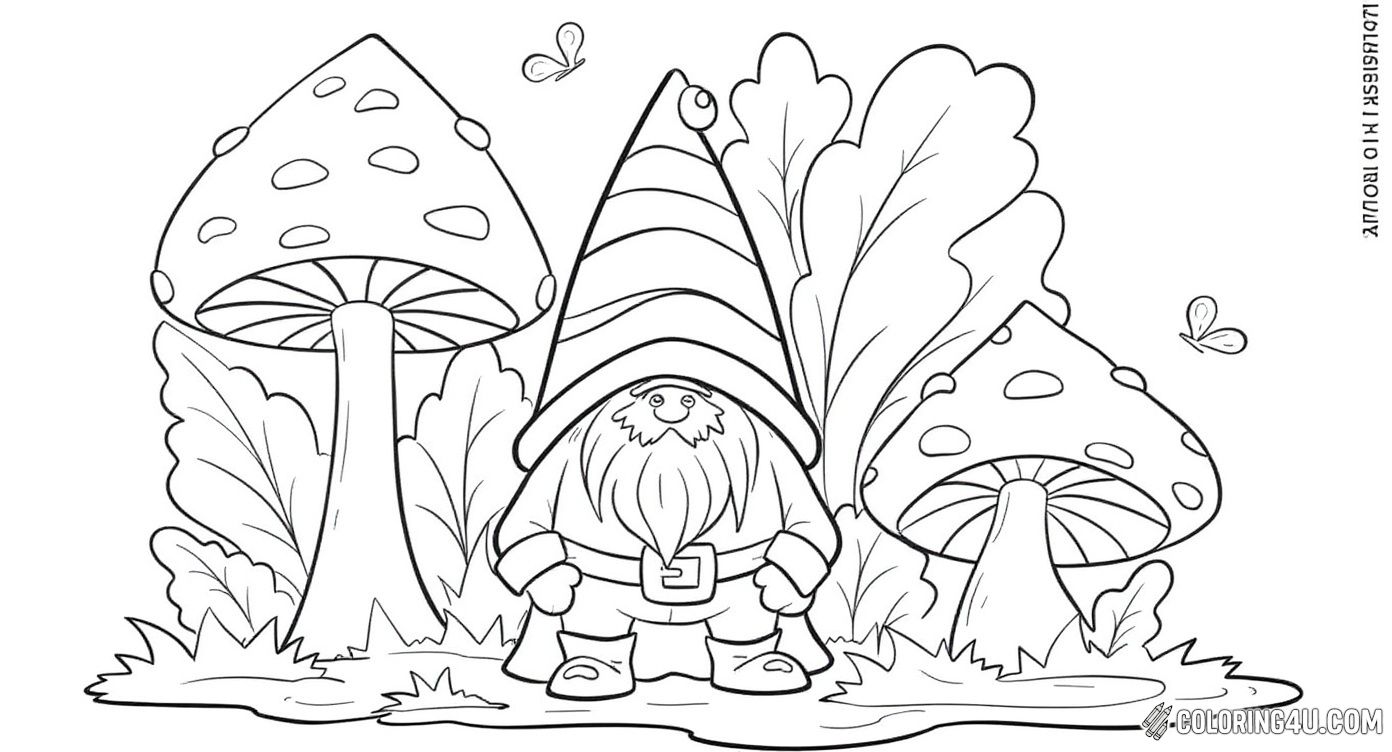 This lovable gnome is sitting among giant mushrooms and large leaves in a peaceful woodland setting. The gnome’s simple design with a pointy striped hat and a thick beard makes it perfect for young artists. With butterflies fluttering nearby and a reflective water puddle, this scene offers a playful and magical coloring adventure.
