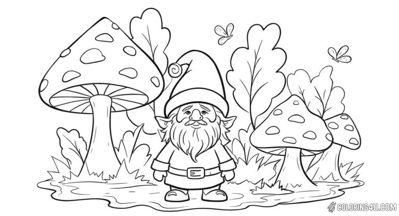 Small Gnome Among Large Mushrooms And Leaves