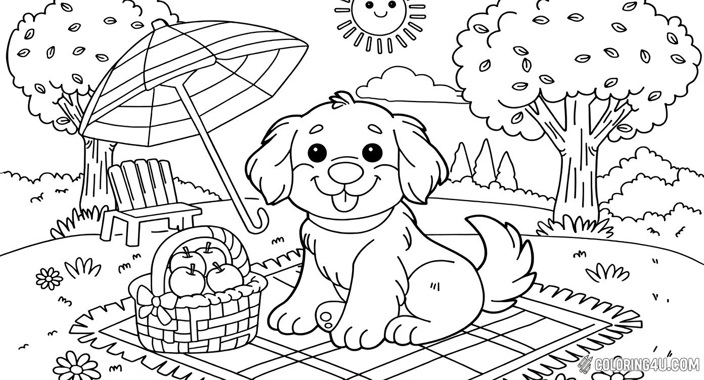 This playful coloring page shows a cute golden retriever puppy sitting happily on a picnic blanket in a sunny park. Surrounding the puppy are a picnic basket filled with apples, a big umbrella, flowers, trees, and a smiling sun. Perfect for kids to color in a joyful outdoor day full of fun and friendship!