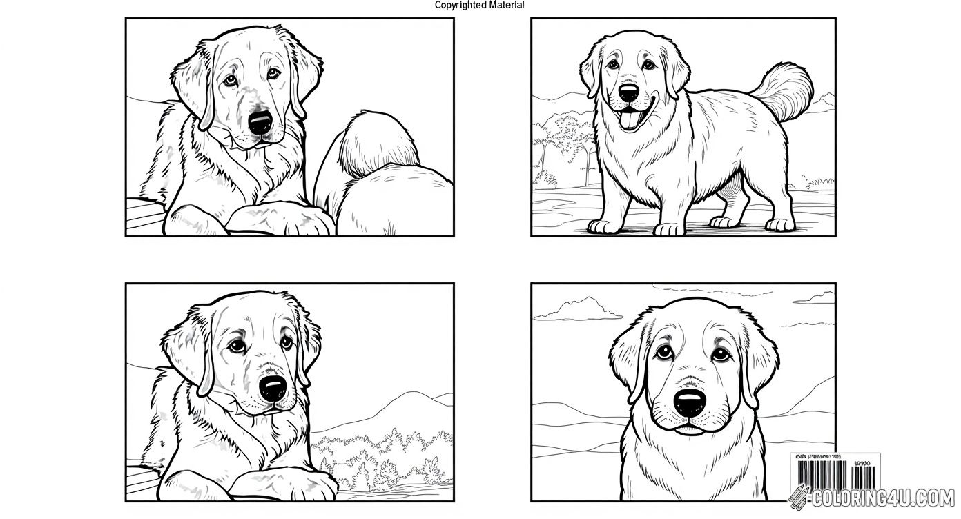 This fun coloring page features four different adorable golden retriever scenes! Kids can enjoy coloring a relaxed dog lounging on a chair, a happy retriever standing on a skateboard with stars and stripes behind, a cute puppy resting, and a cheerful dog by a decorated Christmas tree with gifts. Each frame invites creativity and a chance to bring these lovable pets to life.