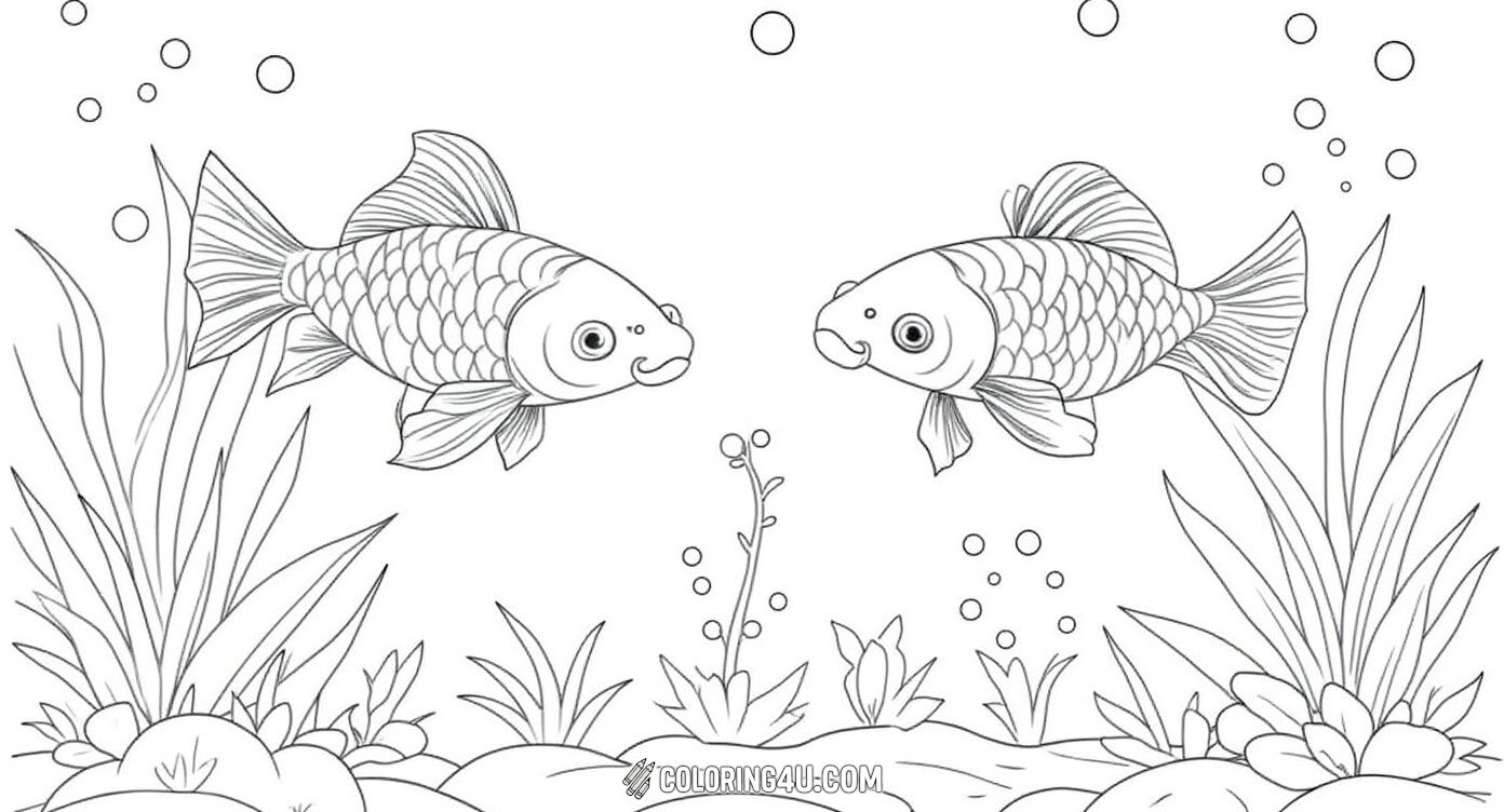 Dive into a peaceful underwater scene where two goldfish swim gracefully among aquatic plants and flowers inside a circular frame. This delightful coloring page invites kids to add vibrant colors to the fish, plants, and bubbles, creating a lively and calming underwater world.