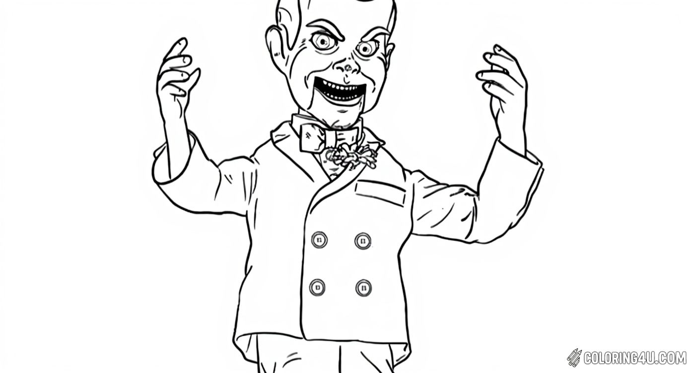 Color the spooky and mischievous Slappy the ventriloquist dummy from Goosebumps 2: Haunted Halloween. Kids can bring this creepy character to life with their favorite colors while enjoying some fun Halloween vibes!