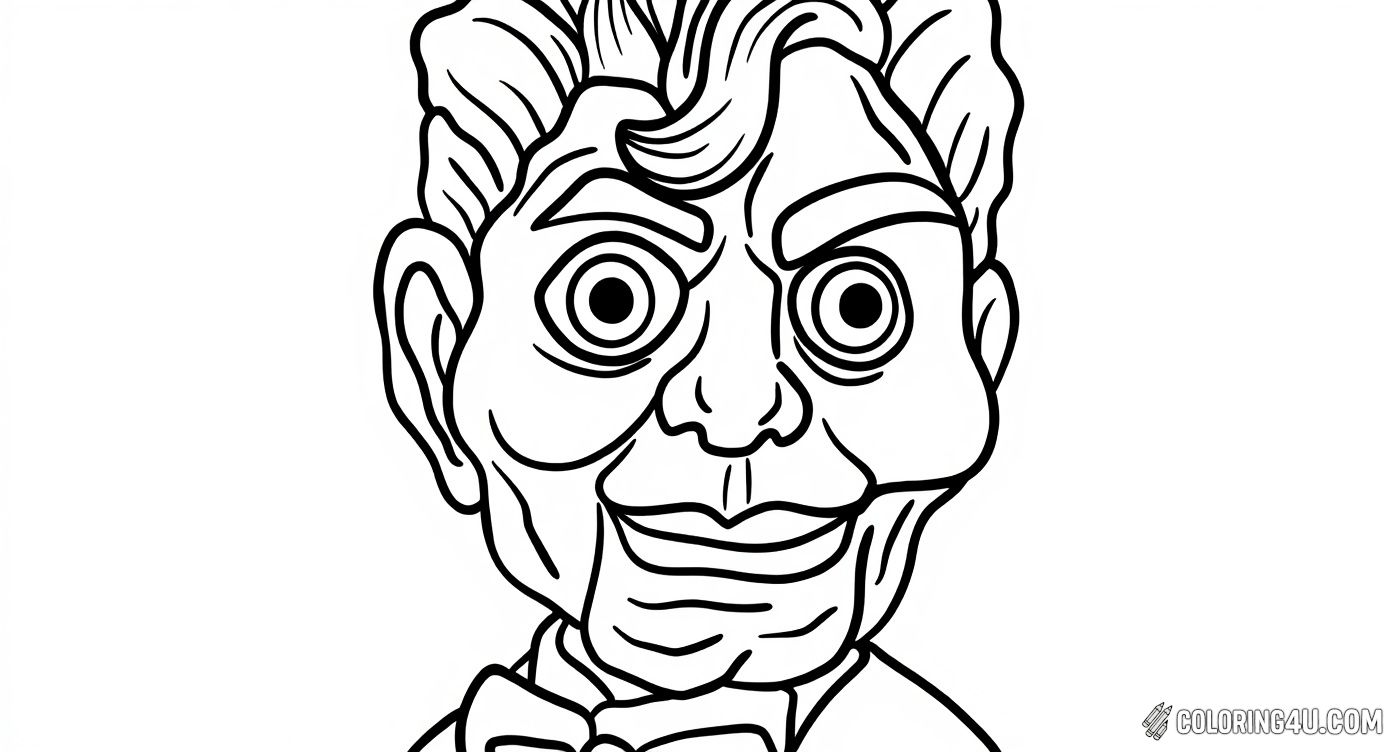 Bring the famous Slappy ventriloquist dummy from Goosebumps to life with colors in this close-up portrait. Kids can have a blast coloring his wild eyes and bow tie while imagining spooky stories from the Goosebumps series!