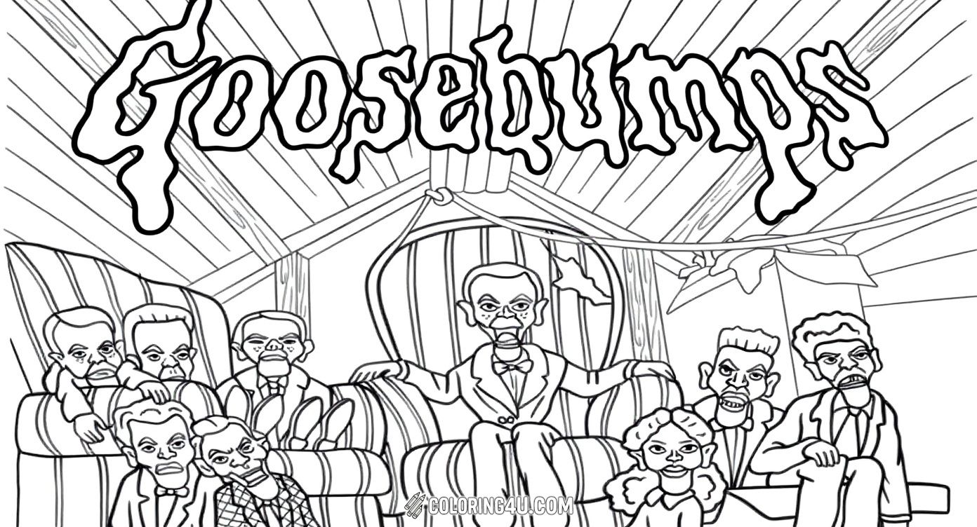 Dive into a spooky attic filled with the eerie Slappy dummies from Goosebumps! This coloring page shows a mysterious room with many ventriloquist dolls lurking on couches and floorboards. Add spooky shades and fun colors to make this Goosebumps scene come alive!