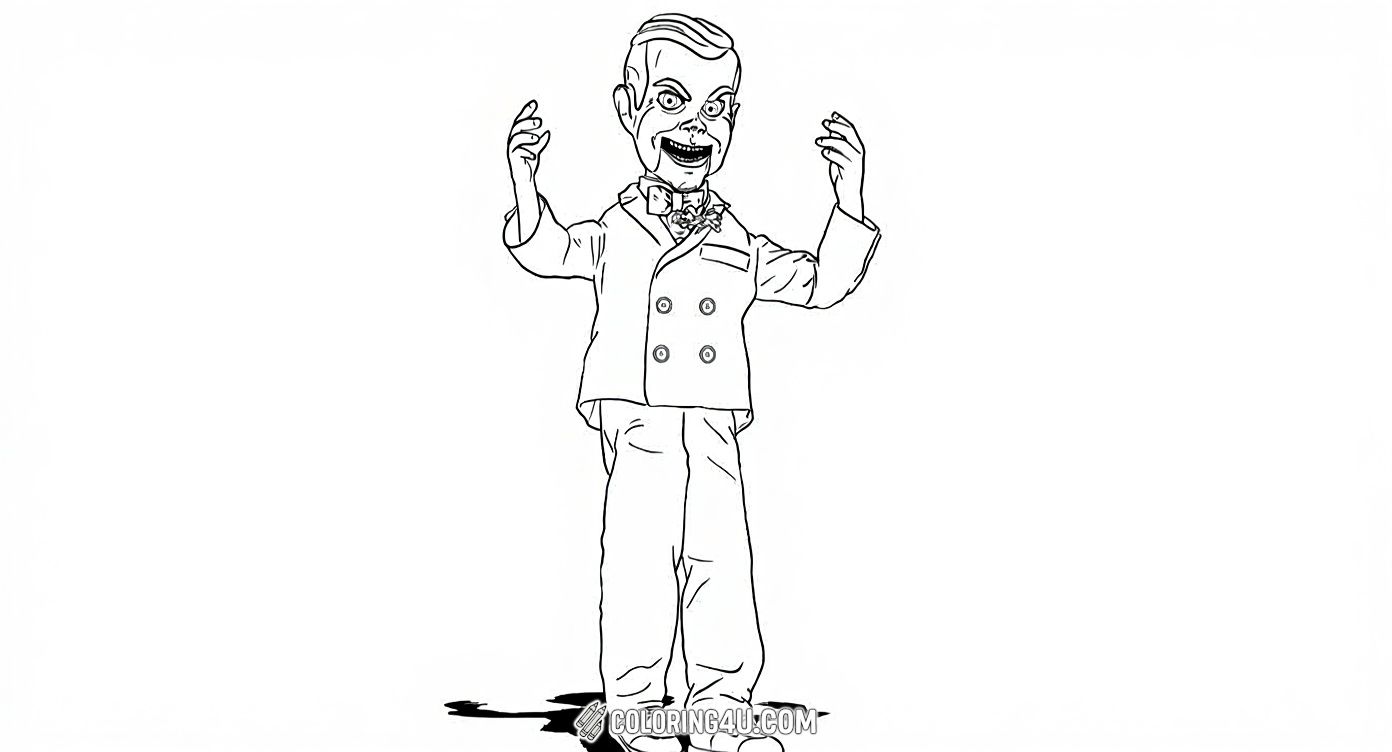 Color Slappy the Dummy, the spooky ventriloquist doll from Goosebumps 2: Haunted Halloween! With his mischievous grin and classic suit, Slappy is ready to spring to life on your coloring page. Bring this creepy character to life with your favorite colors!