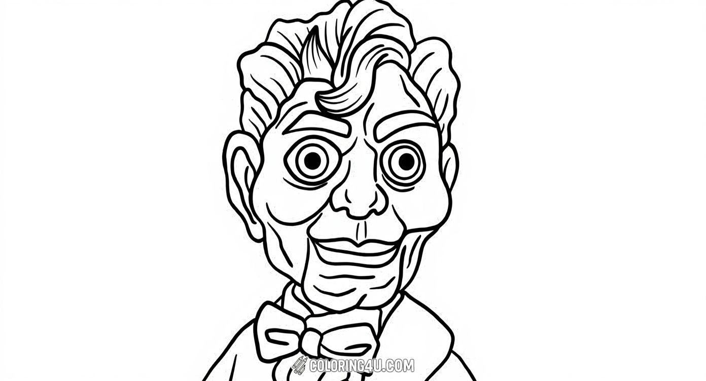 Here’s a close-up coloring page of Slappy the ventriloquist dummy from Goosebumps! Capture his creepy eyes and signature bow tie as you color in this fun and chilling character portrait. Perfect for fans who love a little spooky fun with their coloring!