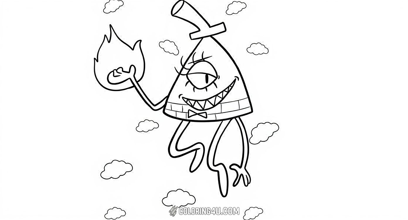 Color the mischievous and magical Bill Cipher, a famous character from Gravity Falls! Here, Bill is floating among fluffy clouds, holding a fiery ball in one hand. Kids can unleash their creativity with fiery and bright colors to make this supernatural character come alive.