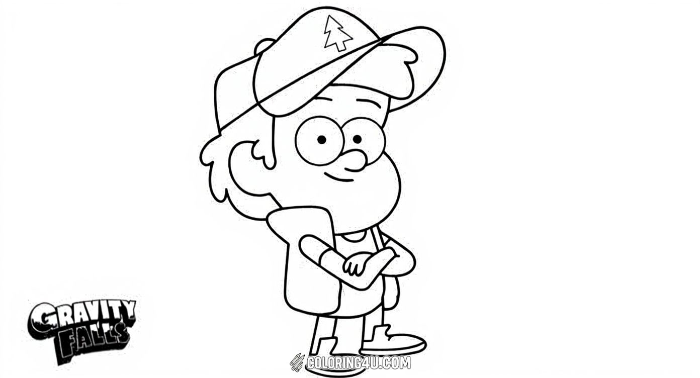 Meet Dipper Pines, one of the main characters from Gravity Falls, standing confidently with his arms crossed and a smile. This simple and charming coloring page invites kids to color Dipper’s classic outfit and hat, bringing their favorite curious adventurer to life.