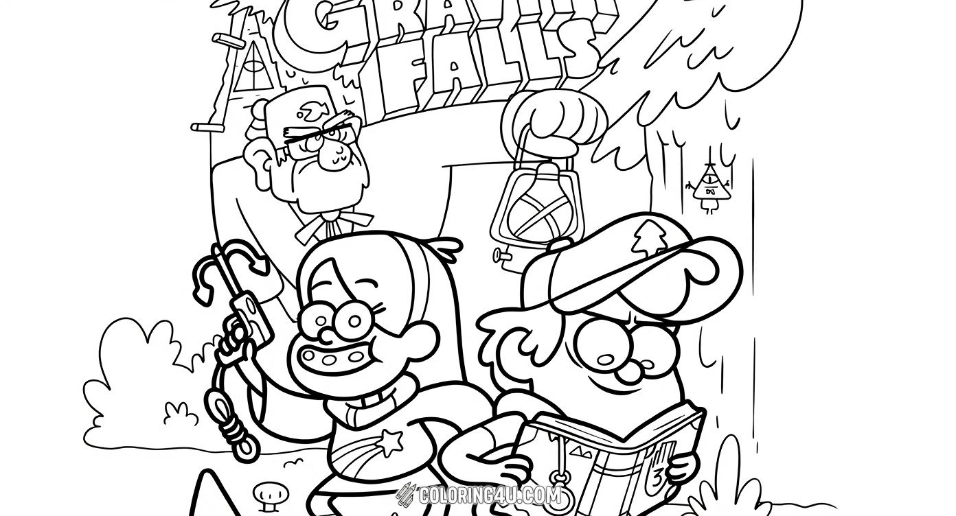 Join Dipper, Mabel, and Grunkle Stan from Gravity Falls in this exciting coloring page! Dipper is studying a mysterious book, Mabel is holding her slingshot ready for adventure, and Grunkle Stan is holding a lantern in the spooky forest. Kids will love bringing this fun scene to life with bright colors and imaginative details.