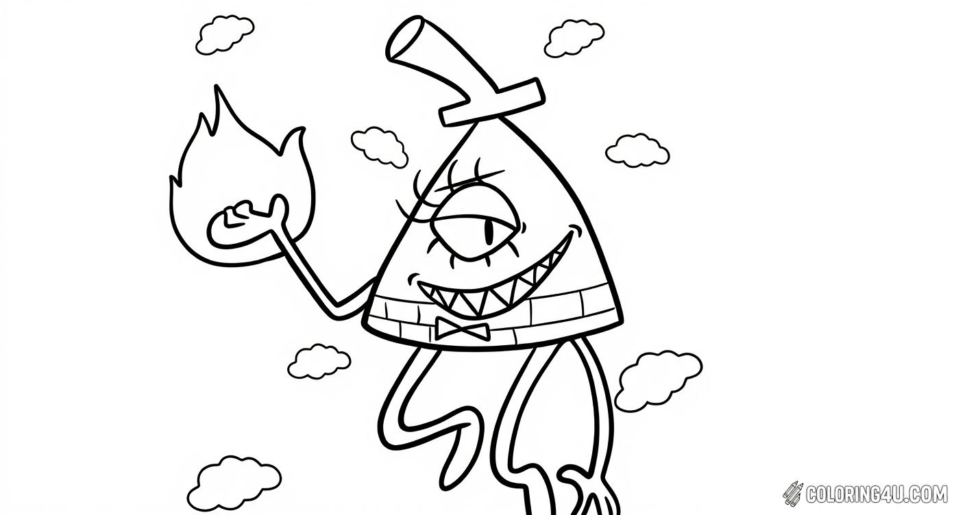 Get ready to color the mischievous Bill Cipher from Gravity Falls! This spooky character with his tricky smile and flaming hand floats among fluffy clouds. Kids can use their imagination to add vibrant colors to this iconic triangular villain.