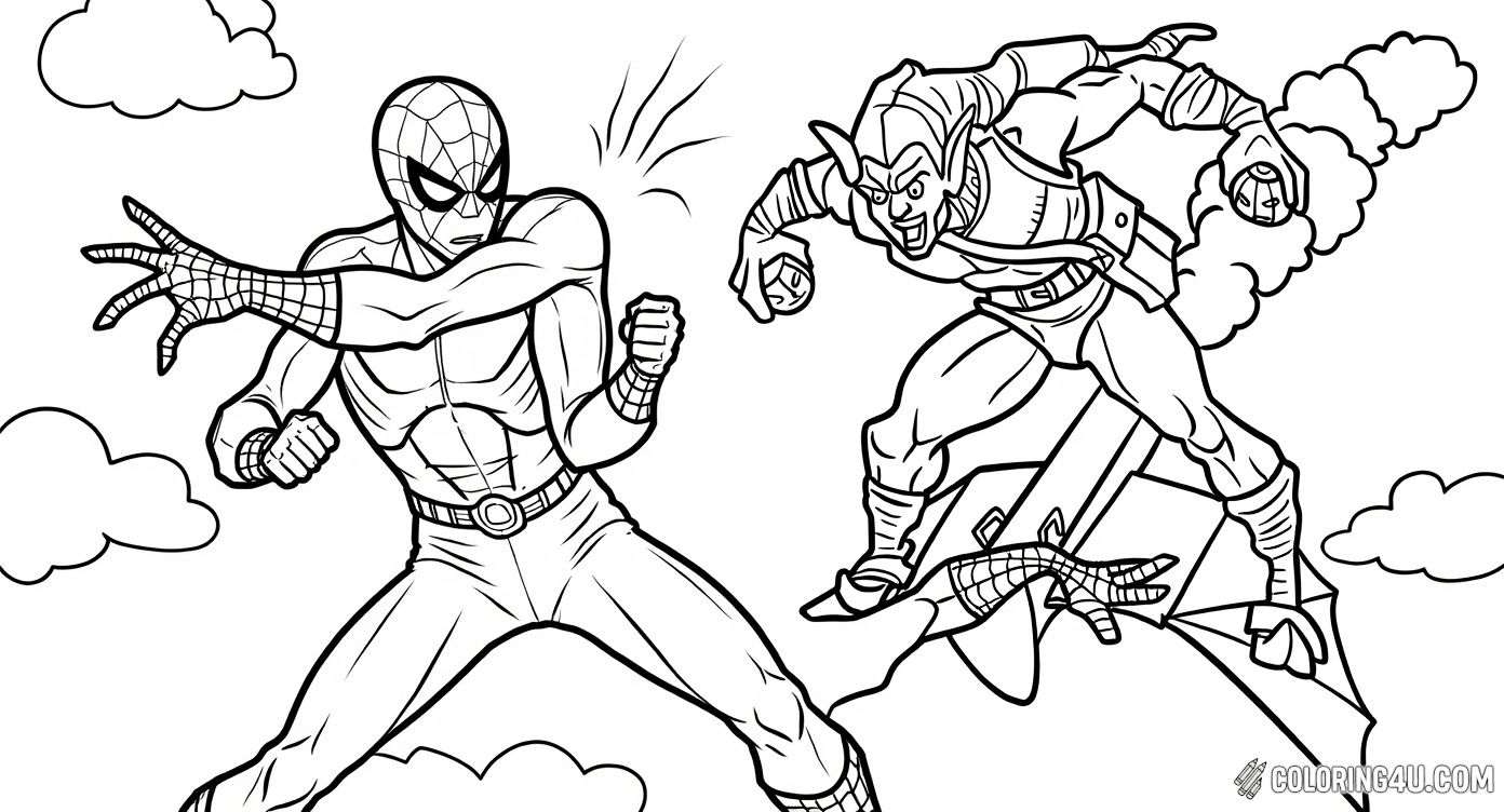 Printable coloring page of Green Goblin Battling Spiderman Action from the Green Goblin category.