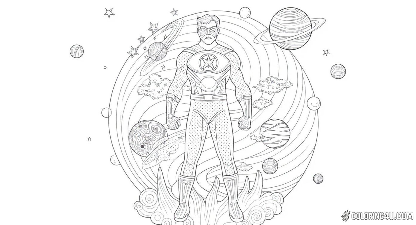 Here is a cool image of the classic Green Lantern standing strong among colorful cosmic planets and swirling stars. Kids will enjoy bringing this vibrant galactic scene to life with their favorite colors!